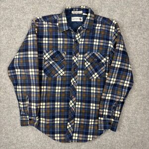 Outreach Mens Quilted Flannel Shirt Jacket Blue Brown Plaid Cotton Size Medium